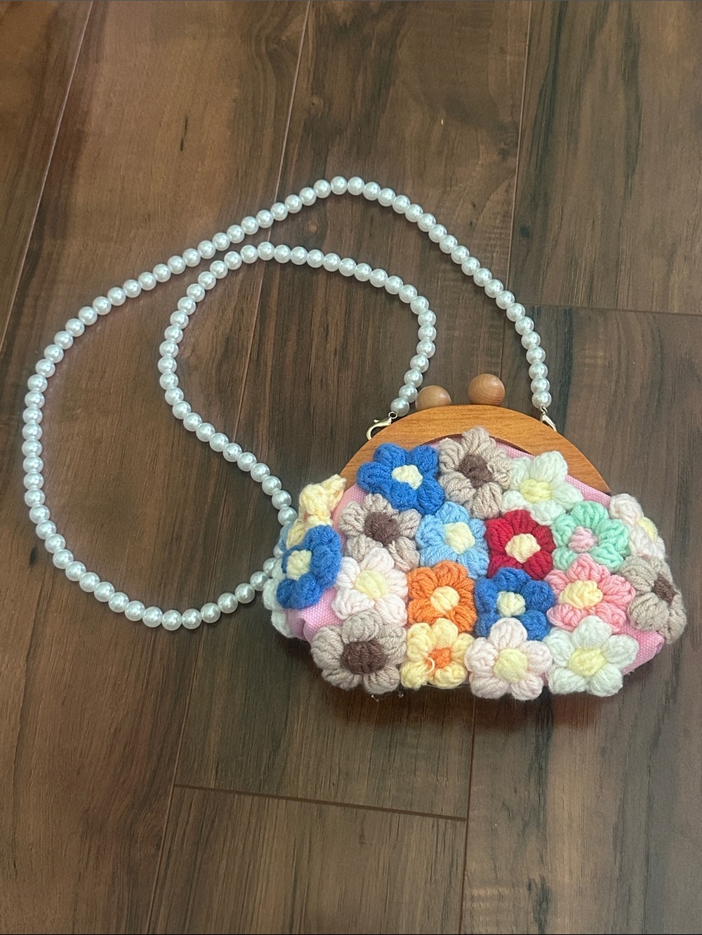 Crochet Floral Coin Purse with Pearl Strap - Multicolor